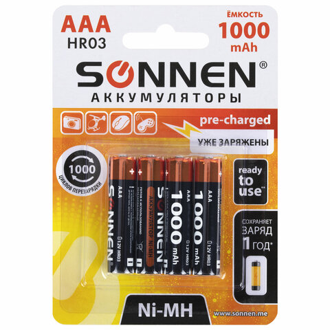   Ni-Mh   4 ., AAA (HR03) 1000 mAh, SONNEN, 455610 